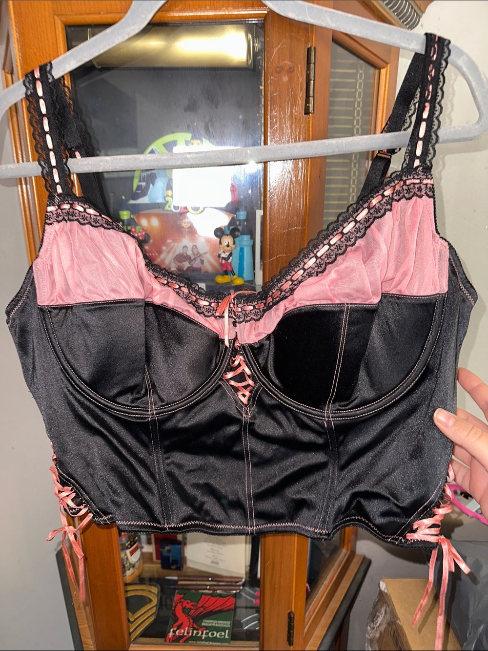 Fashion Bug Black Satin Bustier with Pink Lace Accents